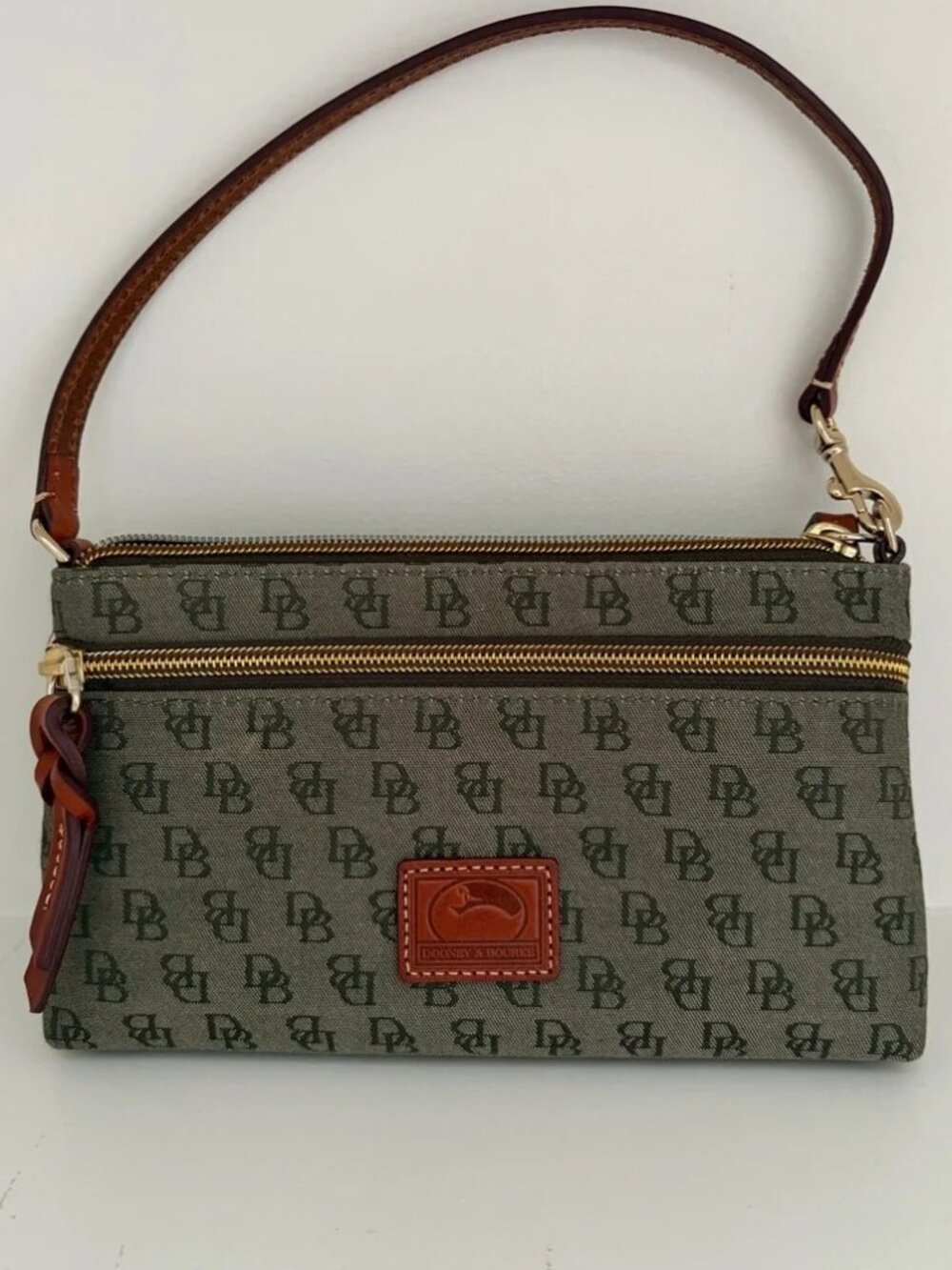 Dooney & Bourke Olive Signature Canvas Wristlet with Brown Leather Trim